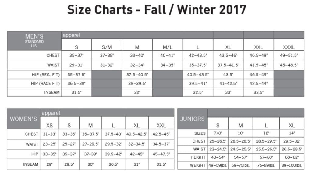 Pearl Izumi Size Chart