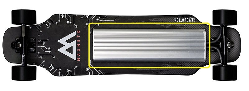 Battery mounted to the underside of the Magneto Electric Skateboard Electric Skateboard Battery