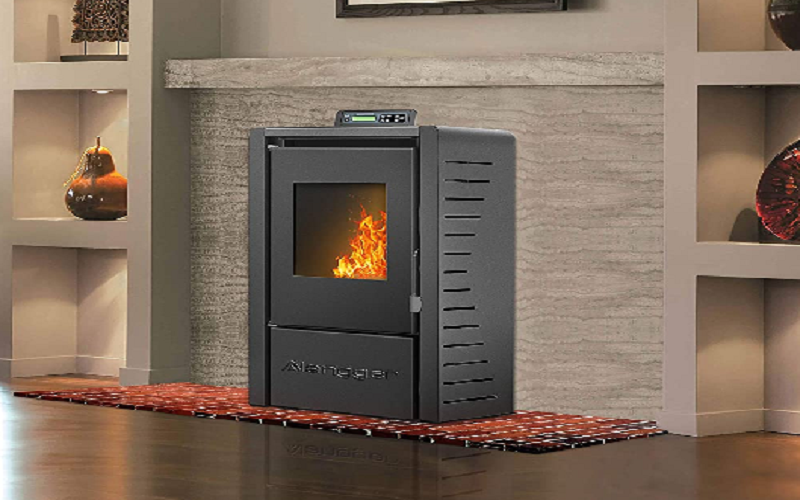 nice pellet stove in fireplace