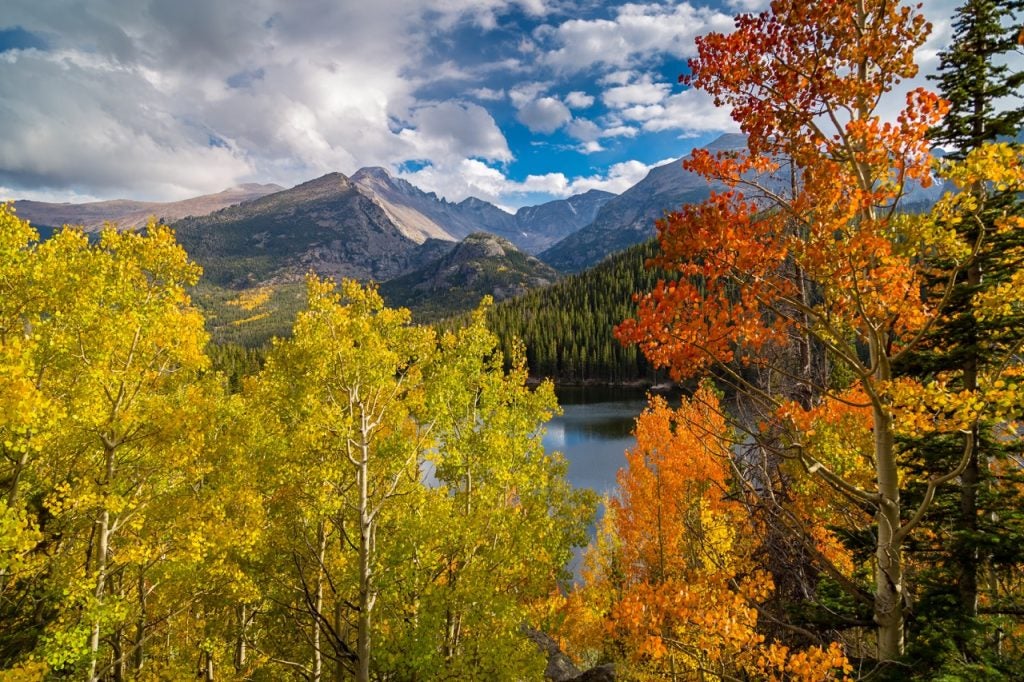 Fall colors and Longs Peak above Bear Lake in Rocky Mountain National Park