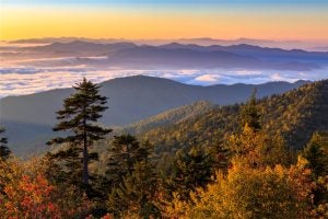 The sun rises over the Smoky Mountains at Clingman's Dome in Great Smoky Mountains National Park, Tennessee