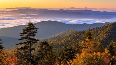 The sun rises over the Smoky Mountains at Clingman's Dome in Great Smoky Mountains National Park, Tennessee