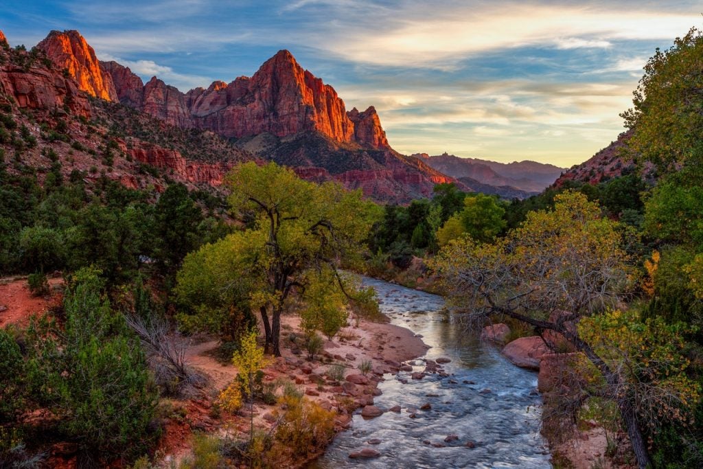 View of the Watchman mountain and the virgin river in Zion National Park
